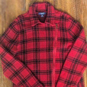 Chaps Jacket Size XL Red and Black Plaid Asymmetric Front Zip 100% Cotton
